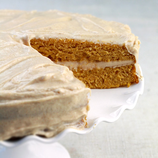 lightened up pumpkin cake with maple cinnamon cream cheese frosting