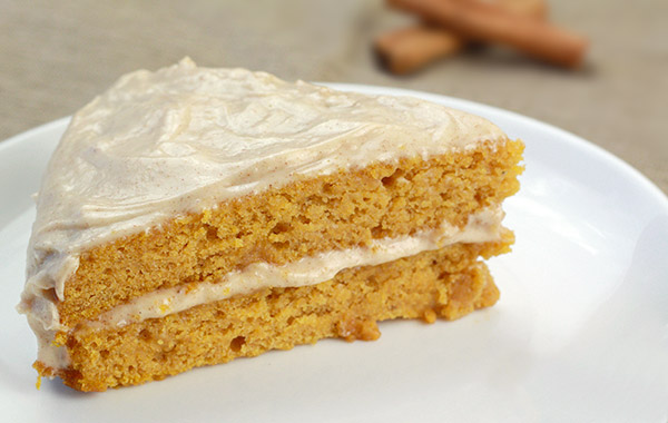 lightened up pumpkin cake with maple cinnamon cream cheese frosting