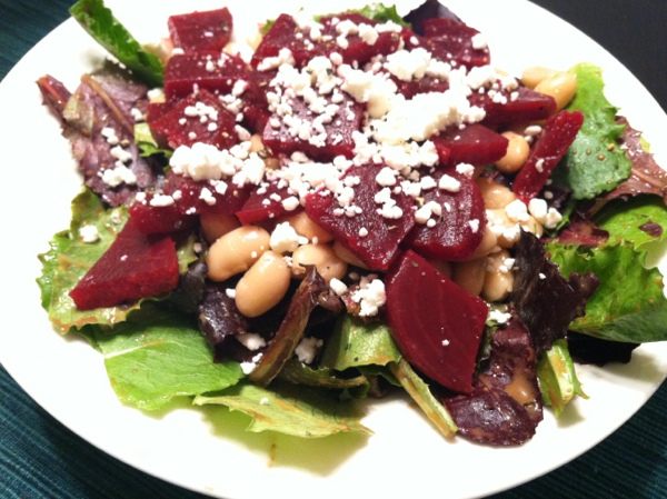 red beet and bean salad with goat cheese