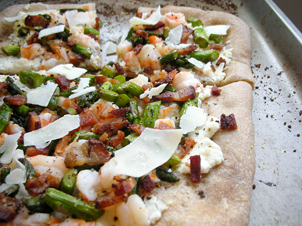 Bacon, Shrimp, and Asparagus White Pizza