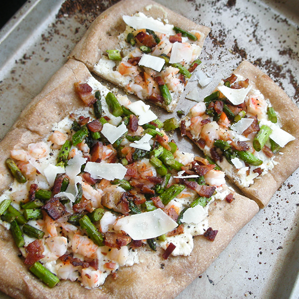 Bacon, Shrimp, and Asparagus White Pizza